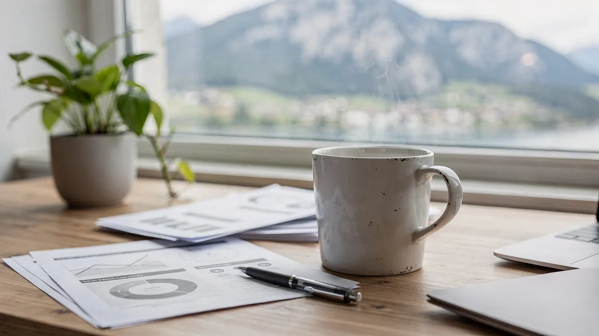 Dampfende Kaffeetasse, Stift und Auswertungen mit Diagrammen auf Holztisch, Bergsee durch das Fenster.