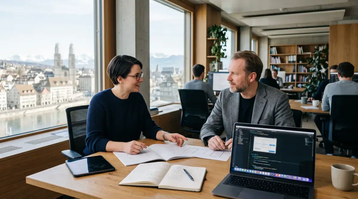 Zwei Personen besprechen einen Website-Entwurf an einem Tisch mit Laptop