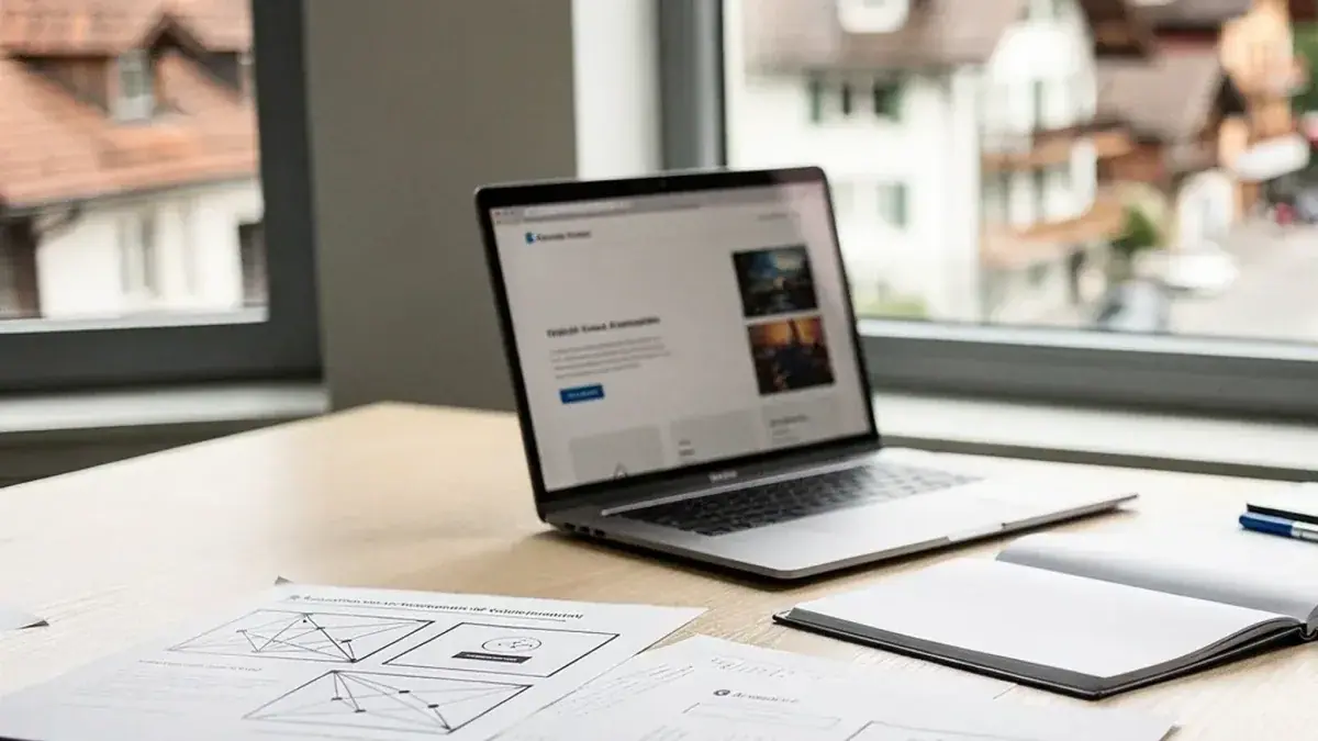 Laptop auf Schreibtisch mit klarer Website, Schweizer Altstadt im Fenster